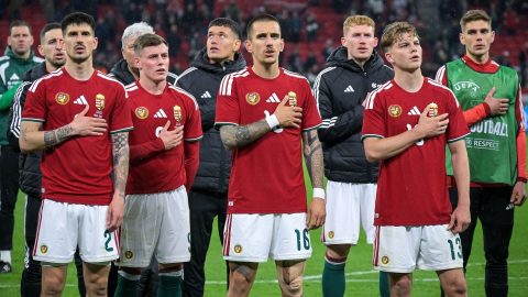 Osváth Attila, Schön Szabolcs, Lukács Dániel és Schäfer András (b-j) a Magyarország - Görögország barátságos labdarúgó-mérkőzés után a Puskás Arénában .