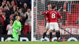 Benjamin Sesko és Bruno Fernandes gólöröme.