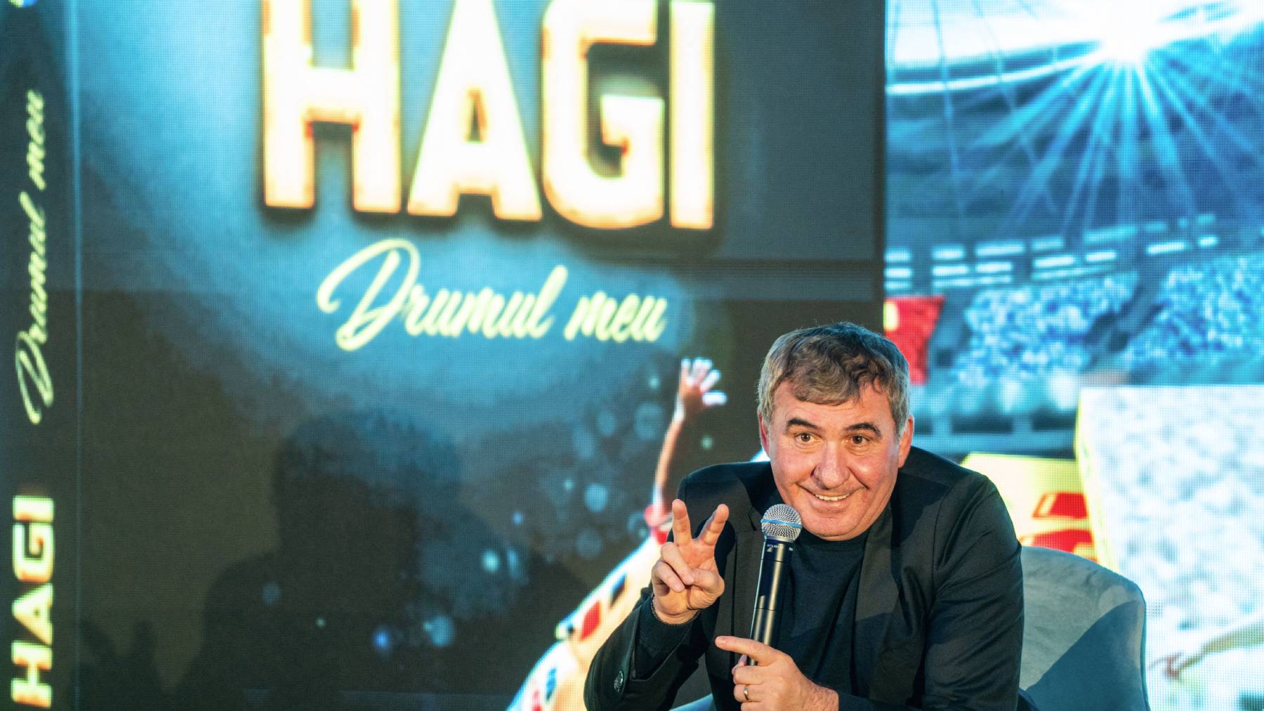 Romanian former football player Gheorghe Hagi addresses the media during a press conference on the occasion of his 60th anniversary in Bucharest, Romania, on February 5, 2025. Now 60, Gheorghe Hagi, who led his team to reach the quarter-finals in the 1994 World Cup, dreams to bring Romania back to the top. Some 200 youths are training at his academy in Constanta at the Black Sea.