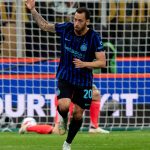 Hakan Calhanoglu of FC Internazionale celebrates after scoring first goal during the serie Coppa Italia Semi-Finals Second Leg match between FC Internazionale and Como 1907 at Stadio Giuseppe Meazza on April 21, 2026 in Milan, Italy (Photo by Giuseppe Maffia/NurPhoto)
