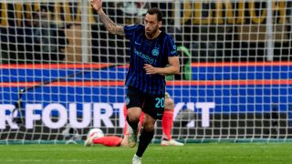 Hakan Calhanoglu of FC Internazionale celebrates after scoring first goal during the serie Coppa Italia Semi-Finals Second Leg match between FC Internazionale and Como 1907 at Stadio Giuseppe Meazza on April 21, 2026 in Milan, Italy (Photo by Giuseppe Maffia/NurPhoto)