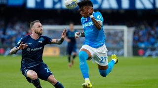Manuel Lazzari of SS Lazio competes for the ball with Alisson Santos of SSC Napoli during the Serie A match between SSC Napoli and SS Lazio at Stadio Diego Armando Maradona Naples Italy on 18 April 2026. (Photo by Franco Romano/NurPhoto)