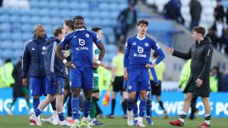 Caleb Okoli of Leicester City looks dejected after the Sky Bet Championship match between Leicester City and Queens Park Rangers at The King Power Stadium on March 14, 2026 in Leicester, England. (Photo by Michael Regan/Getty Images)
