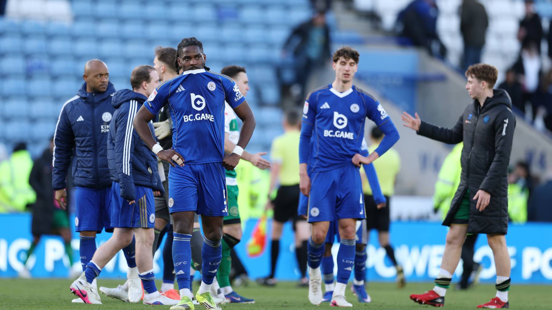 Caleb Okoli of Leicester City looks dejected after the Sky Bet Championship match between Leicester City and Queens Park Rangers at The King Power Stadium on March 14, 2026 in Leicester, England. (Photo by Michael Regan/Getty Images)