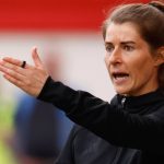Union Berlin's German head coach Marie-Louise Eta gestures from the sidelines during the German first division Bundesliga football match between Union Berlin and VfL Wolfsburg in Berlin, Germany, on April 18, 2026.