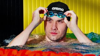 A győztes Milák Kristóf a férfi 100 méteres férfi gyorsúszás döntőjében az úszók országos bajnokságán Sopronban 2026. április 16-án.