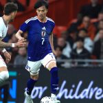 Kaoru MITOMA, right 7, of Japan dribbles forward in the second half during an international friendly match between England and Japan at Wembley Stadium in London, United Kingdom, on March 31, 2026. Japan defeated England 1-0. ( The Yomiuri Shimbun )