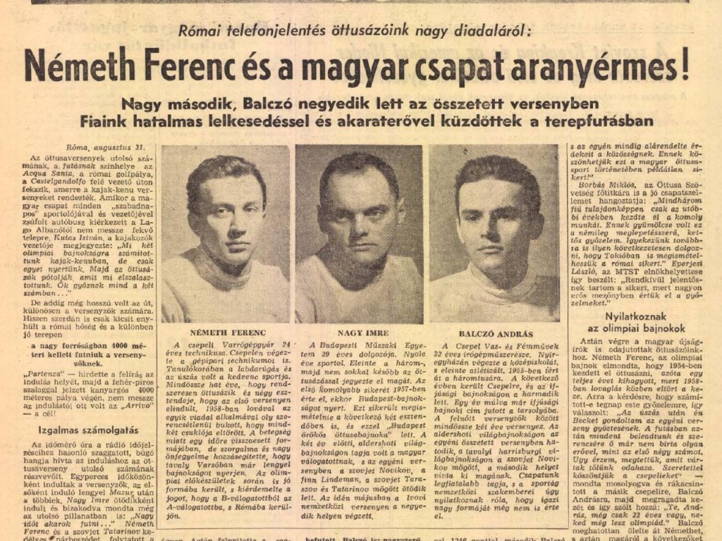 Várkonyi Zoltán dublőreként hatalmasat bukott a lovával egy filmforgatáson, de így is magyar öttusa legendája lett 2 Németh Ferenc, Balczó András, Nagy Imre, öttusa, 1960, Népszabadság, 1960. szeptember 1.Arcanum Újságok