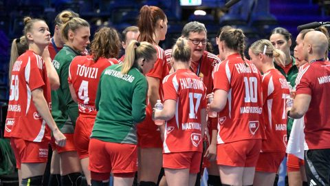 Golovin Vlagyimir szövetségi kapitány (k) a német-holland közös rendezésű női kézilabda-világbajnokság középdöntőjének 3. fordulójában játszott Magyarország - Dánia mérkőzésen a rotterdami Ahoy Arénában 2025. december 7-én.