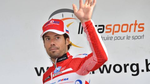 20120912 - BRUSSELS, BELGIUM: Spanish Oscar Freire of Team Katusha pictured on the podium after the Grand Prix de Wallonie one day cycling race from Chaudfontaine to Namur, Wednesday 12 September 2012. BELGA PHOTO DAVID STOCKMAN