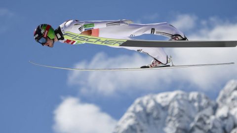 Robert Kranjec of Slovenia competes during the FIS Ski Jumping World Cup Men's Flying Hill Team competition in Planica, Slovenia on March 24, 2018.