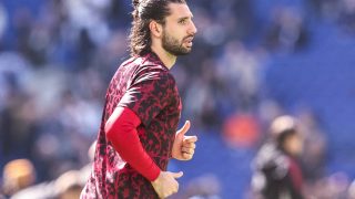Dominik Szoboszlai of Liverpool participates in the pregame warmup session during the Premier League match between Everton and Liverpool at Hill Dickinson Stadium in Liverpool, United Kingdom, on April 19, 2026. (Photo by Alfie Cosgrove/News Images/NurPhoto)