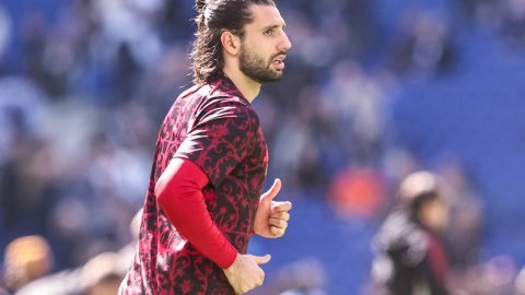Dominik Szoboszlai of Liverpool participates in the pregame warmup session during the Premier League match between Everton and Liverpool at Hill Dickinson Stadium in Liverpool, United Kingdom, on April 19, 2026. (Photo by Alfie Cosgrove/News Images/NurPhoto)