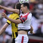 MADRID, SPAIN - APRIL 9: Barnabas Varga (L) of AEK Athens in action against Luiz Felipe (R) of Rayo Vallecano during the UEFA Conference League 2025/26 Quarter-Final First Leg match between Rayo Vallecano and AEK Athens at Estadio de Vallecas on April 9, 2026 in Madrid, Spain. Burak Akbulut / Anadolu