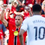 Real Mallorca's Kosovo forward #07 Vedat Muriqi celebrates scoring his team's second goal during the Spanish league football match between RCD Mallorca and Real Madrid CF at Mallorca Son Moix Stadium in Palma de Mallorca on April 4, 2026.