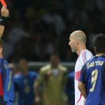 Argentinean referee Horacio Elizondo gives a red card to French midfielder Zinedine Zidane after he head butted Italian defender Marco Materazzi (unseen) during the World Cup 2006 final football match between Italy and France at Berlin’s Olympic Stadium, 09 July 2006. AFP PHOTO/PATRIK STOLLARZ