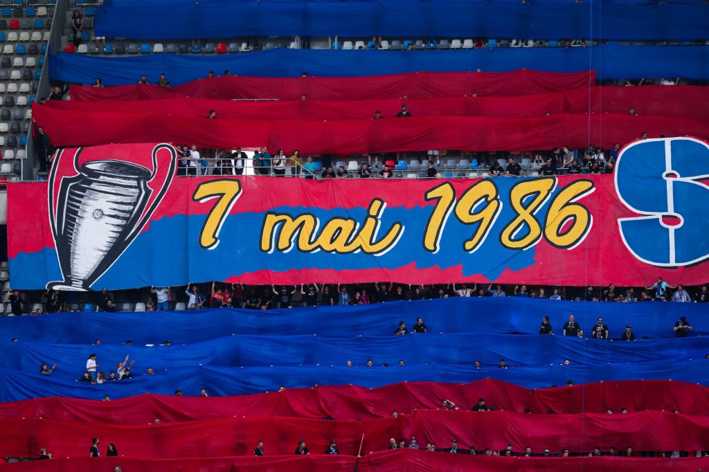 The fans of Steaua Bucuresti display the choreography on the occasion of the 37th anniversary of the 1986 European Champions Cup win against Barcelona during the Round 7 of Second League Romania - Play-off match between Steaua Bucuresti and Otelul Galati at Steaua Stadium on May 07, 2023 in Bucharest, Romania. (Photo by Vasile Mihai-Antonio/Getty Images)