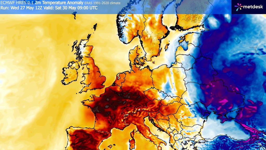 Az ECMWF hőmérsékleti előrejelzése május 30-ára, szombatra.