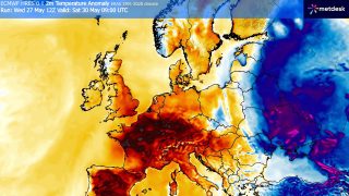 Az ECMWF hőmérsékleti előrejelzése május 30-ára, szombatra.