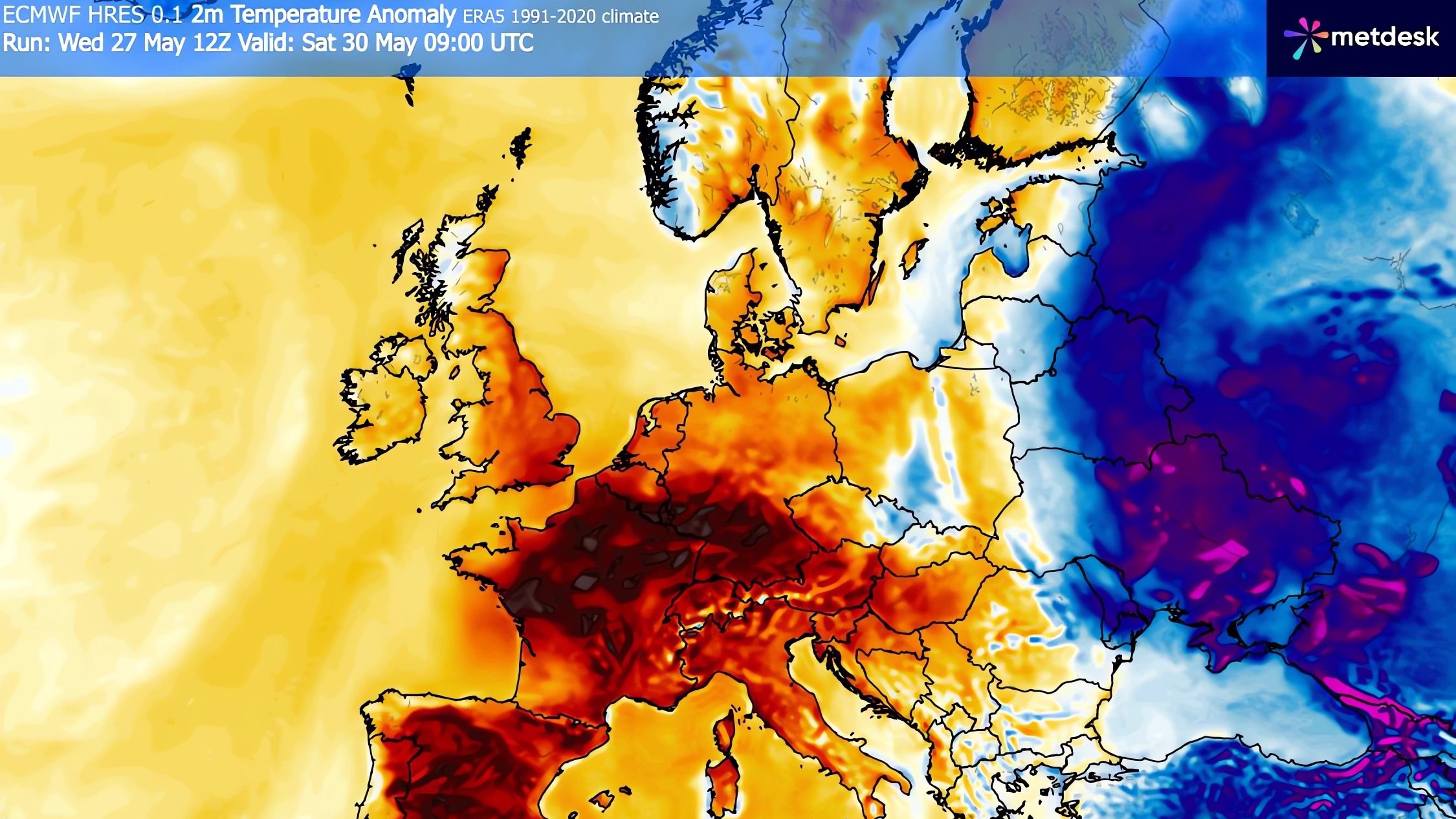 Az ECMWF hőmérsékleti előrejelzése május 30-ára, szombatra.