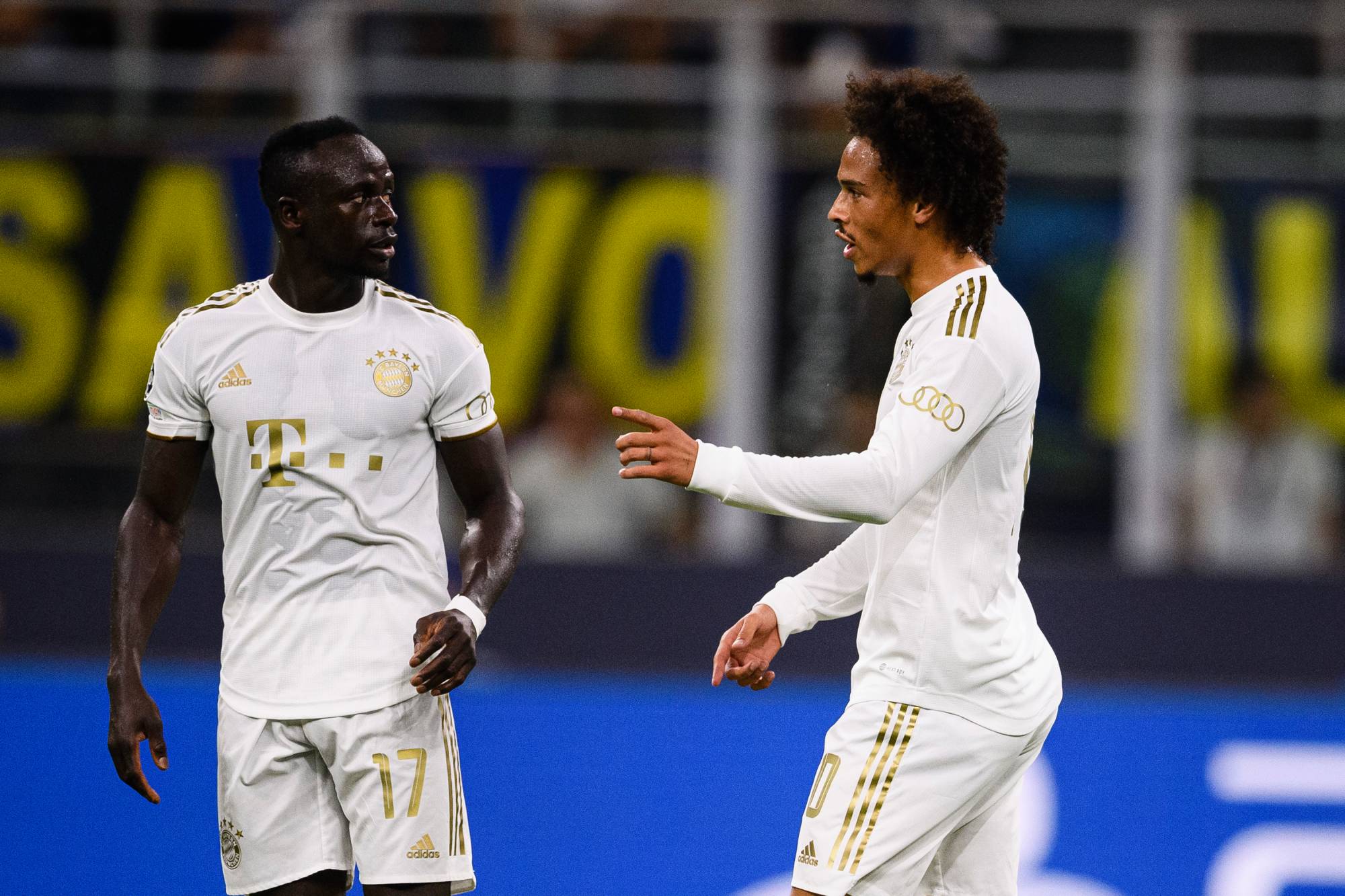 MILAN, ITALY - SEPTEMBER 07: Leroy Sané of Bayern München (R) celebrating his goal with his teammate Sadio Mané of Bayern München (L) during the UEFA Champions League group C match between FC Internazionale and FC Bayern München at San Siro Stadium on September 7, 2022 in Milan, Italy. (Photo by Marcio Machado/Eurasia Sport Images/Getty Images)
