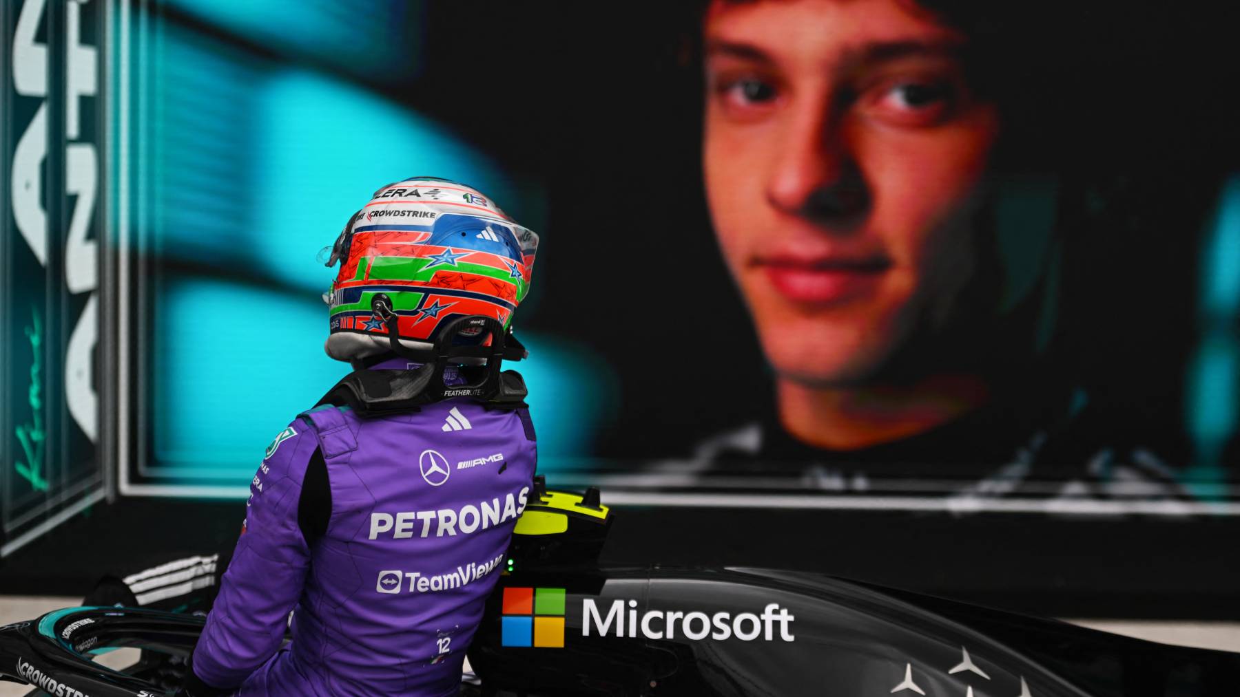 MIAMI, FLORIDA - MAY 03: Race winner Andrea Kimi Antonelli of Italy and Mercedes AMG Petronas F1 Team gets out of the car in parc ferme during the F1 Grand Prix of Miami at Miami International Autodrome on May 03, 2026 in Miami, Florida. Rudy Carezzevoli/Getty Images/AFP
