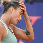 Belarus' Aryna Sabalenka reacts during her match against Romania's Sorana Cirstea during the WTA Rome Open tennis tournament at Foro Italico in Rome on May 9, 2026.