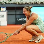 Aryna Sabalenka (BLR) gestures while she competes in women's single quarter final of the WTA 1000, Mutua Madrid Open en la Caja Magica, on April 28, 2026, Madrid, Spain. Photo Clement Mahoudeau / KMSP