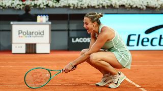 Aryna Sabalenka (BLR) gestures while she competes in women's single quarter final of the WTA 1000, Mutua Madrid Open en la Caja Magica, on April 28, 2026, Madrid, Spain. Photo Clement Mahoudeau / KMSP