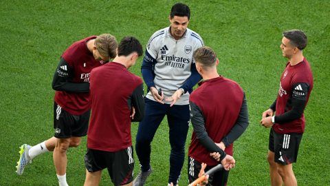 Arsenal's Spanish manager Mikel Arteta (C) speaks with players during a MD-1 training session at the Puskas Arena in Budapest on May 29, 2026, on the eve of the UEFA Champions League final football match between Paris Saint-Germain (PSG) and Arsenal FC. Paris Saint-Germain (PSG) face Arsenal in the UEFA Champions League final football match on May 30, 2026 in Budapest.