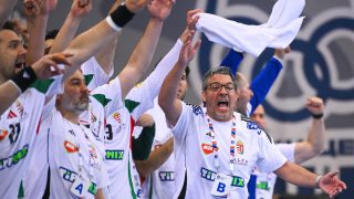 Chema Rodríguez, a magyar válogatott szövetségi kapitánya (j) a férfi kézilabda világbajnoki selejtezőben játszott Szerbia - Magyarország első mérkőzésen.
