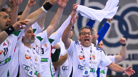 Chema Rodríguez, a magyar válogatott szövetségi kapitánya (j) a férfi kézilabda világbajnoki selejtezőben játszott Szerbia - Magyarország első mérkőzésen.