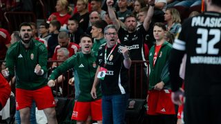 Chema Rodríguez, a magyar válogatott szövetségi kapitánya (k) a férfi kézilabda világbajnoki selejtezőben játszott Magyarország - Szerbia visszavágó mérkőzésen.