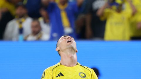 Nassr's Portuguese forward #07 Cristiano Ronaldo reacts during the 2026 AFC Champions League Two final football match between Al-Nassr and Gamba Osaka at the Al-Awwal Park Stadium in Riyadh on May 16, 2026.
