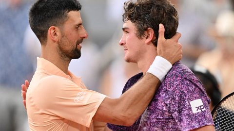 PARIS, FRANCE - MAY 29: Winner Joao Fonseca (R) of Brazil greets his Serbian rival Novak Djokovic (L) at the end of the their Men's Singles third round on Day Six of the 2026 French Open at Roland Garros in Paris, France on May 29, 2026. Mustafa Yalcin / Anadolu