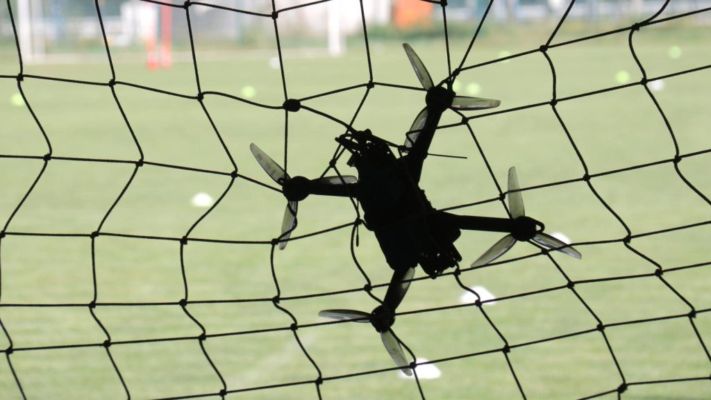 A drone is seen at the finish line during the 2nd Drone Racing Tournament by the Federation of Military Technological Sports of Ukraine flies a drone, Bilohorodka, Kyiv region. (Photo credit should read Yevhen Kotenko / Ukrinform/Future Publishing via Getty Images)
