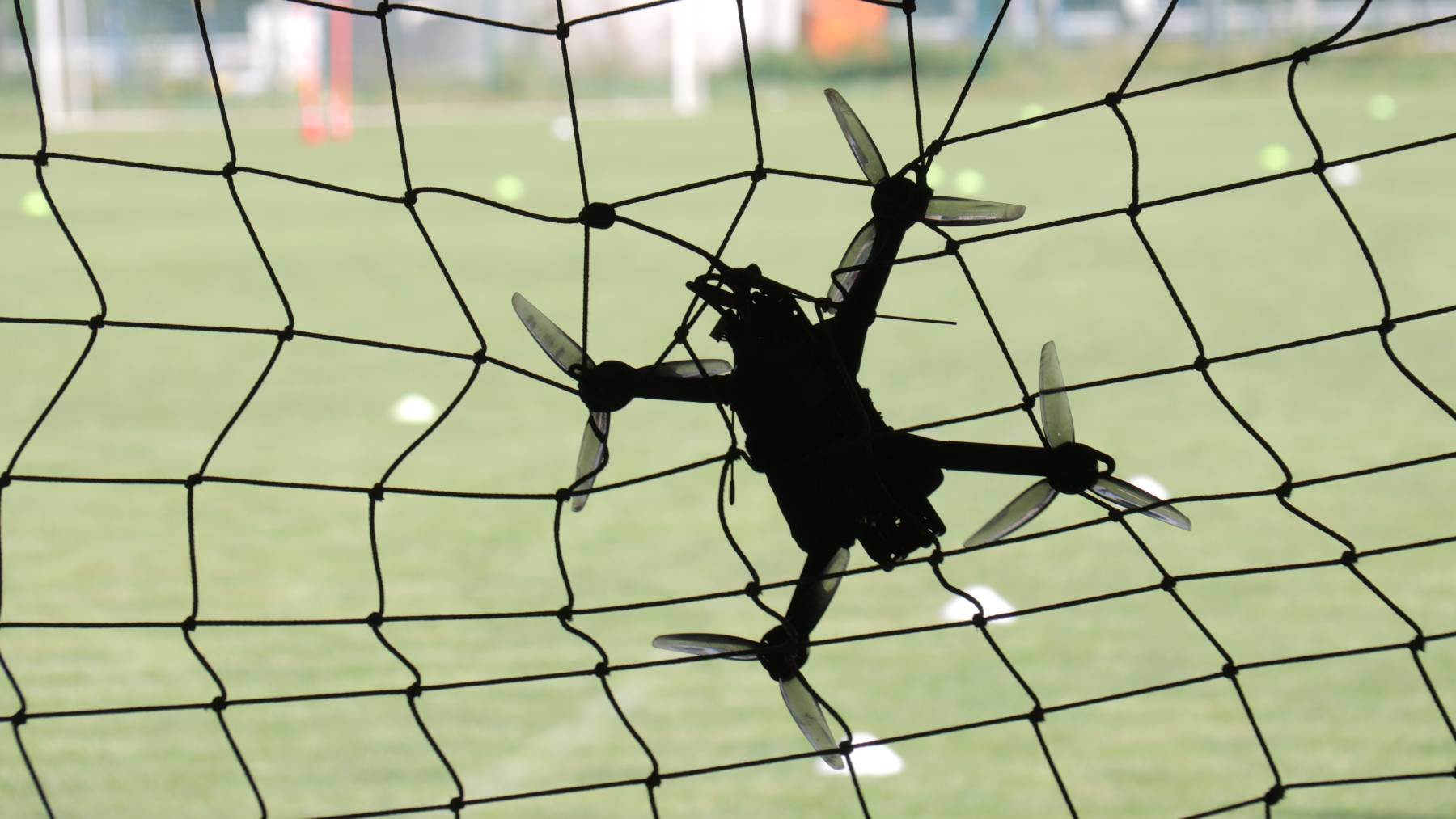 A drone is seen at the finish line during the 2nd Drone Racing Tournament by the Federation of Military Technological Sports of Ukraine flies a drone, Bilohorodka, Kyiv region. (Photo credit should read Yevhen Kotenko / Ukrinform/Future Publishing via Getty Images)
