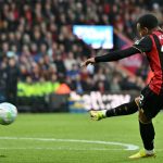 Bournemouth's French striker #22 Eli Junior Kroupi scores the team's first goal during the English Premier League football match between Bournemouth and Manchester City at the Vitality Stadium in Bournemouth, southern England on May 19, 2026.