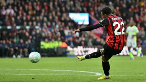 Bournemouth's French striker #22 Eli Junior Kroupi scores the team's first goal during the English Premier League football match between Bournemouth and Manchester City at the Vitality Stadium in Bournemouth, southern England on May 19, 2026.