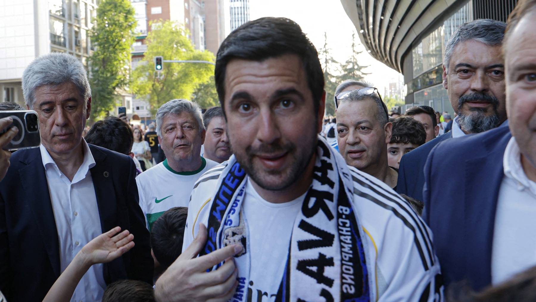 Candidate for the next Real Madrid's president election Enrique Riquelme arrives prior the Spanish league football match between Real Madrid CF and Athletic Club Bilbao at Santiago Bernabeu Stadium in Madrid on May 23, 2026.