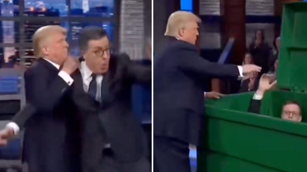 Trump AI-videóval szemléltette, hogy Stephen Colbertet bedobná egy szemetes kukába