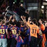 FC Barcelona players celebrate the La Liga championship with Hansi Flick, coach of FC Barcelona, during the La Liga EA Sports 2025/26 ''El Clasico'' match between FC Barcelona and Real Madrid at Spotify Camp Nou Stadium in May 2026 in Barcelona, Spain. (Photo by Gongora/NurPhoto)