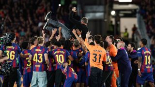 FC Barcelona players celebrate the La Liga championship with Hansi Flick, coach of FC Barcelona, during the La Liga EA Sports 2025/26 ''El Clasico'' match between FC Barcelona and Real Madrid at Spotify Camp Nou Stadium in May 2026 in Barcelona, Spain. (Photo by Gongora/NurPhoto)