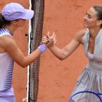PARIS, FRANCE - MAY 31: Marta Kostyuk (R) of Ukraine celebrates after winning the match against Iga Swiatek (L) of Poland during their Women's Singles fourth round, on Day Eight of the 2026 French Open tennis tournament at the Roland-Garros Complex in Paris on May 31, 2026. Mustafa Yalcin / Anadolu