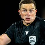 Referee John Beaton officiates the match between FC Utrecht and FC Porto at Stadion Galgenwaard for the Europa League - League phase - Matchday 4 of the 2025-2026 season in Utrecht, Netherlands, on November 6, 2025. (Photo by Marcel van Dorst/EYE4images/NurPhoto)