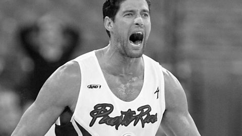 Jose Piculin Ortiz of Puerto Rico yells after making the winning basket against Angola 04 September 2002 in their second round game of the 2002 Men's FIBA World Basketball Championships at the RCA Dome in Indianapolis, IN. Puerto Rico won the game 89-87 in double over-time. AFP PHOTO/Jeff HAYNES