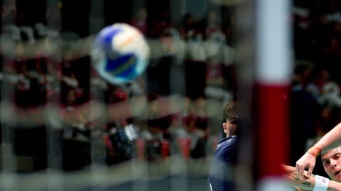 ANKARA, TURKIYE - MAY 16: Eyup Arda Yildiz (C) of Turkiye competes against his opponent during the 2027 IHF Men's World Handball Championship European Qualifiers phase 3 second-leg match between Turkiye and Norway at Prof. Dr. Yasar Sevim Handball Hall in Ankara, Turkiye, on May 16, 2026. Ercin Erturk / Anadolu