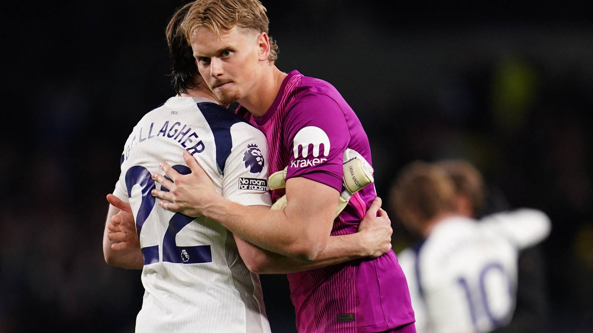 Tottenham Hotspur goalkeeper Antonin Kinsky and Conor Gallagher of Tottenham Hotspur comfort each other at full time during the Premier League match between Tottenham Hotspur and Leeds United at Tottenham Hotspur Stadium in London, United Kingdom, on May 11, 2026. (Photo by Harvey Murphy/News Images/NurPhoto)