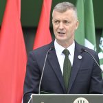 Kubatov Gábor, a Ferencvárosi Torna Club elnöke beszédet mond a klub alapításának 125. évfordulója alkalmából a „Fradi volt, Fradi lesz, míg a Földön ember lesz” mottó jegyében a Groupama Arénánál tartott ünnepségen 2024. május 3-án.