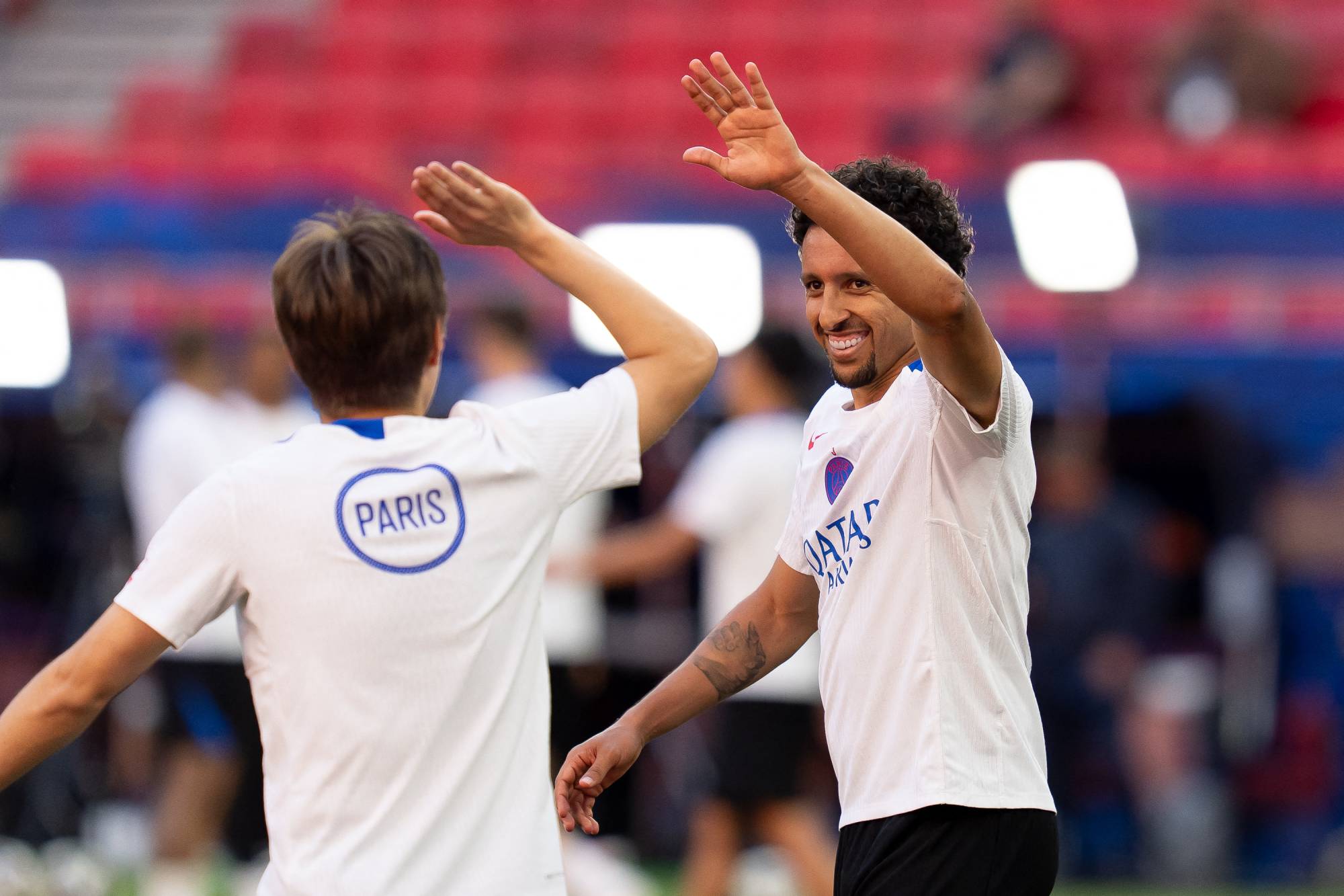 Marquinhos of Paris Saint-Germain FC gestures during the Paris Saint-Germain FC Training Session ahead the UEFA Champions League Final match between Paris Saint-Germain FC and Arsenal FC at Puskas Arena on May 29, 2026 in Budapest, Hungary (Photo by Giuseppe Maffia/NurPhoto) 